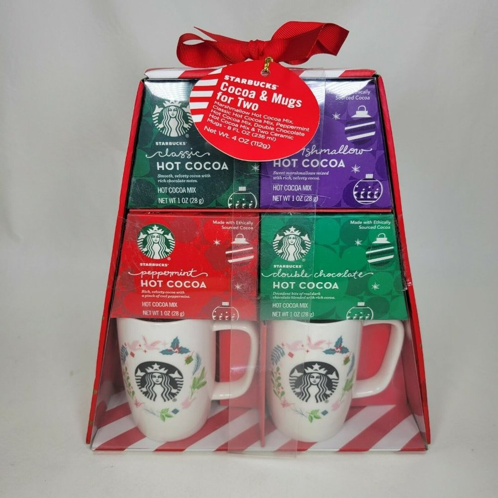 Starbucks Cocoa & Mugs For Two 2017 Holiday Gift Set 8 oz Mugs 4 Flavors